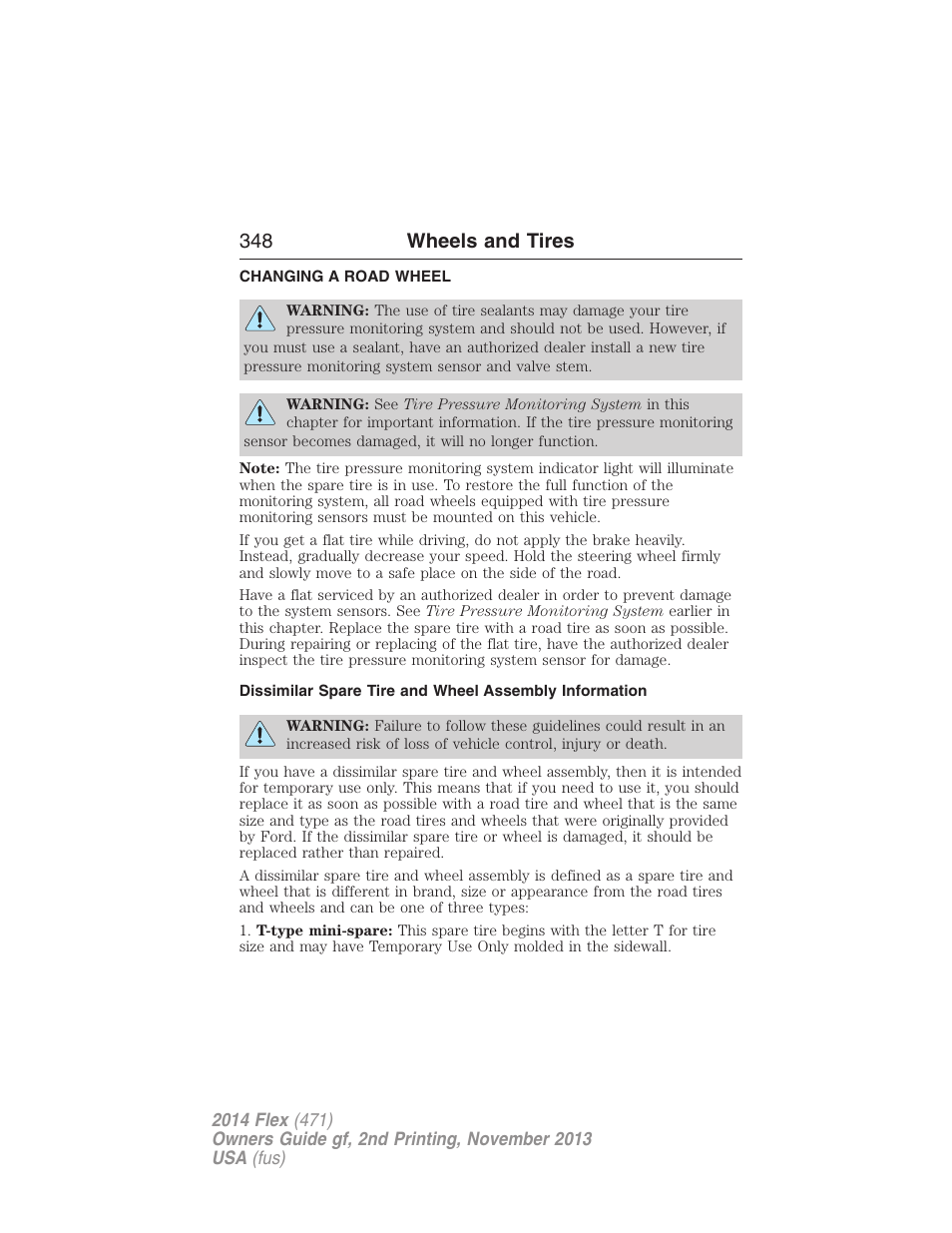 Changing a road wheel, 348 wheels and tires | FORD 2014 Flex v.2 User Manual | Page 349 / 555
