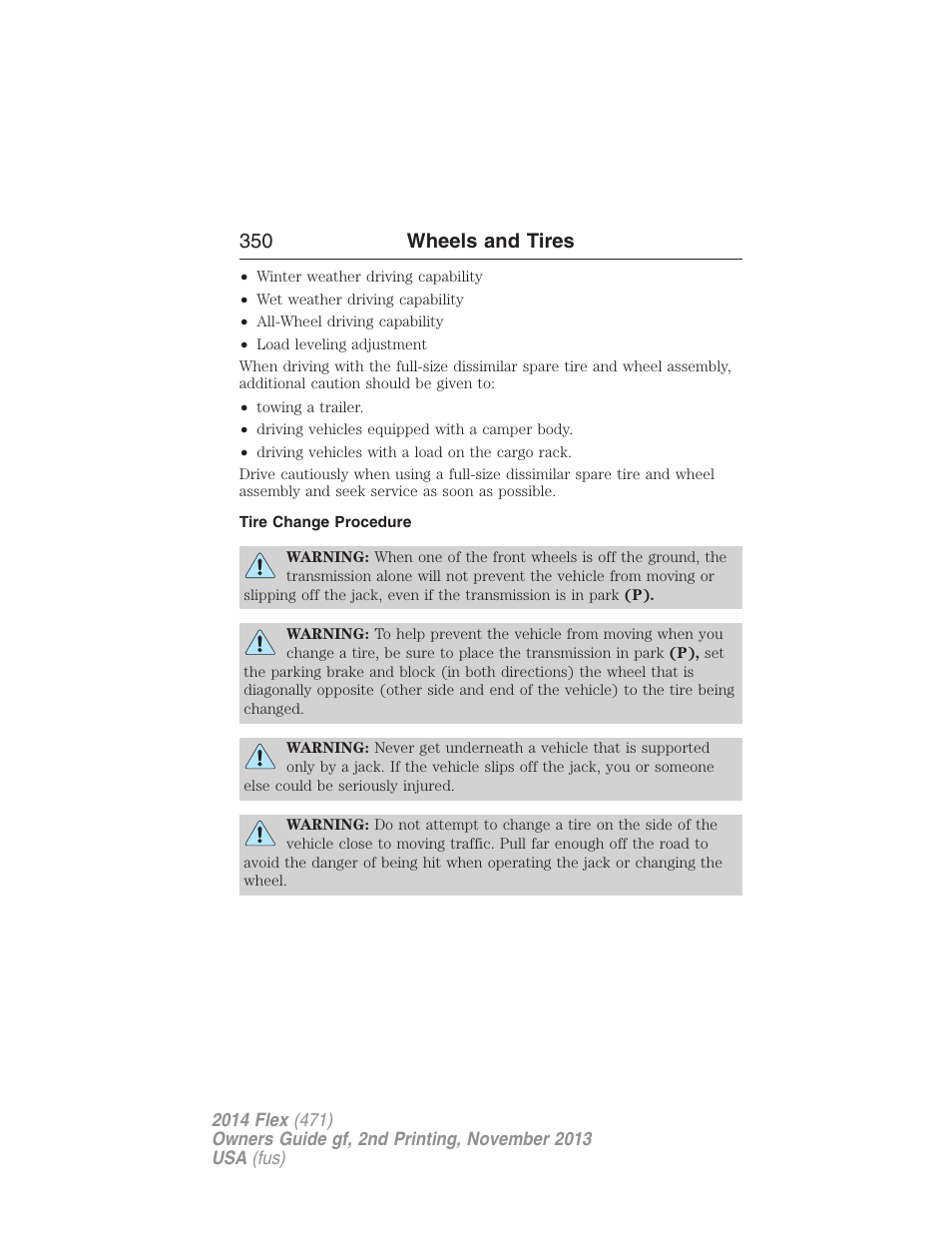 Tire change procedure, 350 wheels and tires | FORD 2014 Flex v.2 User Manual | Page 351 / 555