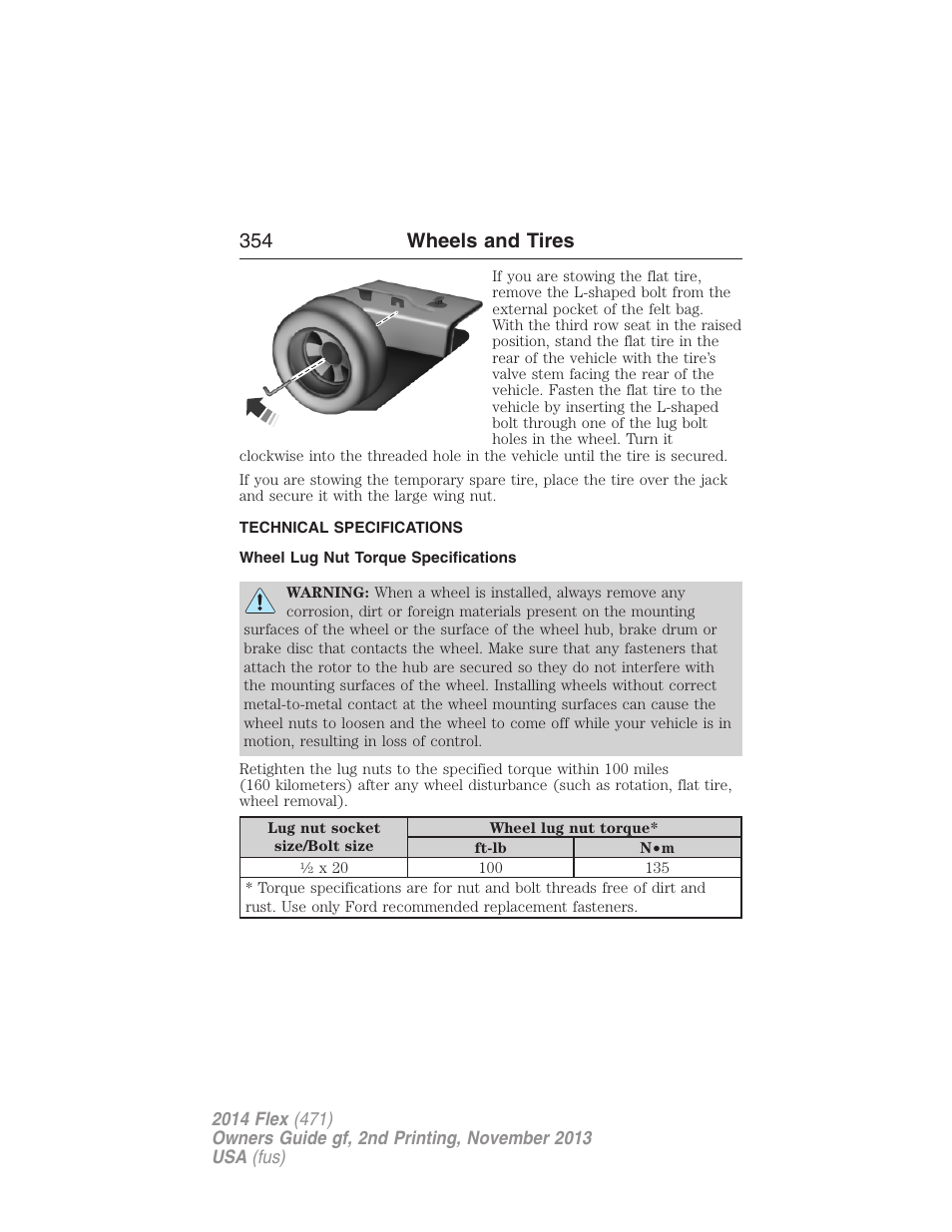 Technical specifications, Wheel lug nut torque specifications, Wheel lug nut torque | 354 wheels and tires | FORD 2014 Flex v.2 User Manual | Page 355 / 555