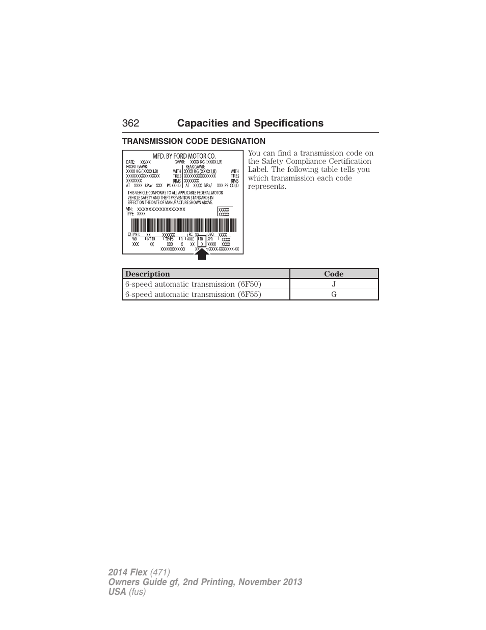 Transmission code designation, 362 capacities and specifications | FORD 2014 Flex v.2 User Manual | Page 363 / 555