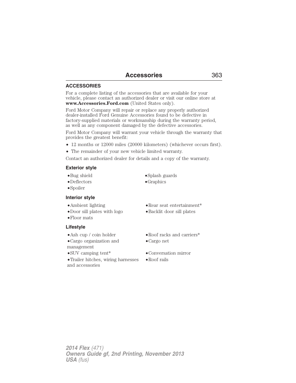 Accessories, Exterior style, Interior style | Lifestyle, Accessories 363 | FORD 2014 Flex v.2 User Manual | Page 364 / 555