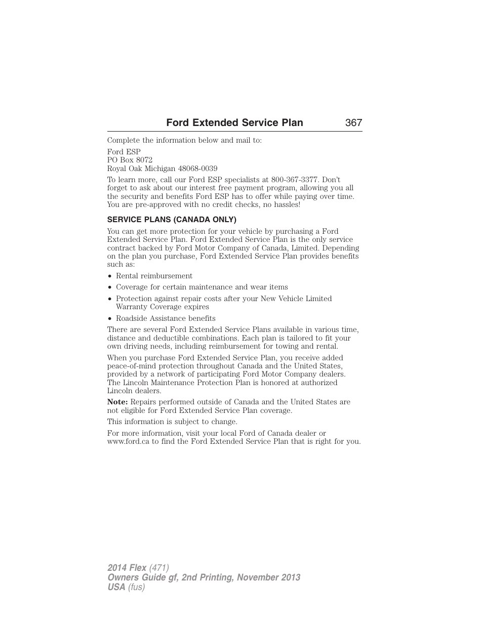 Service plans (canada only), Ford extended service plan 367 | FORD 2014 Flex v.2 User Manual | Page 368 / 555