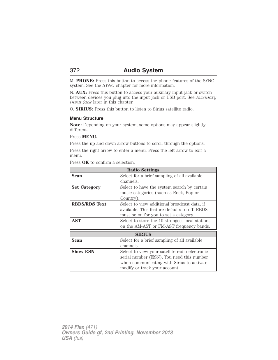 Menu structure, 372 audio system | FORD 2014 Flex v.2 User Manual | Page 373 / 555