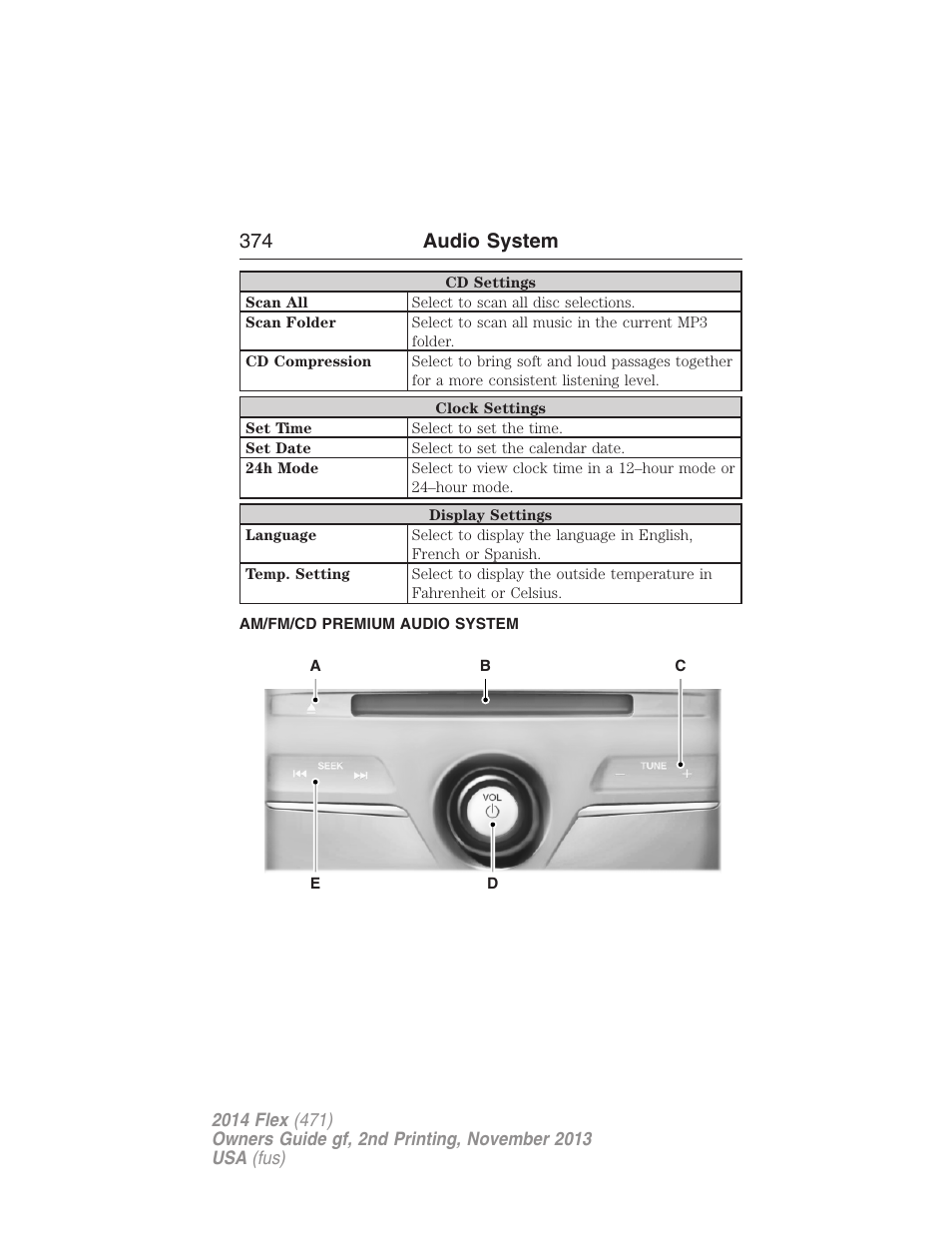Am/fm/cd premium audio system, 374 audio system | FORD 2014 Flex v.2 User Manual | Page 375 / 555