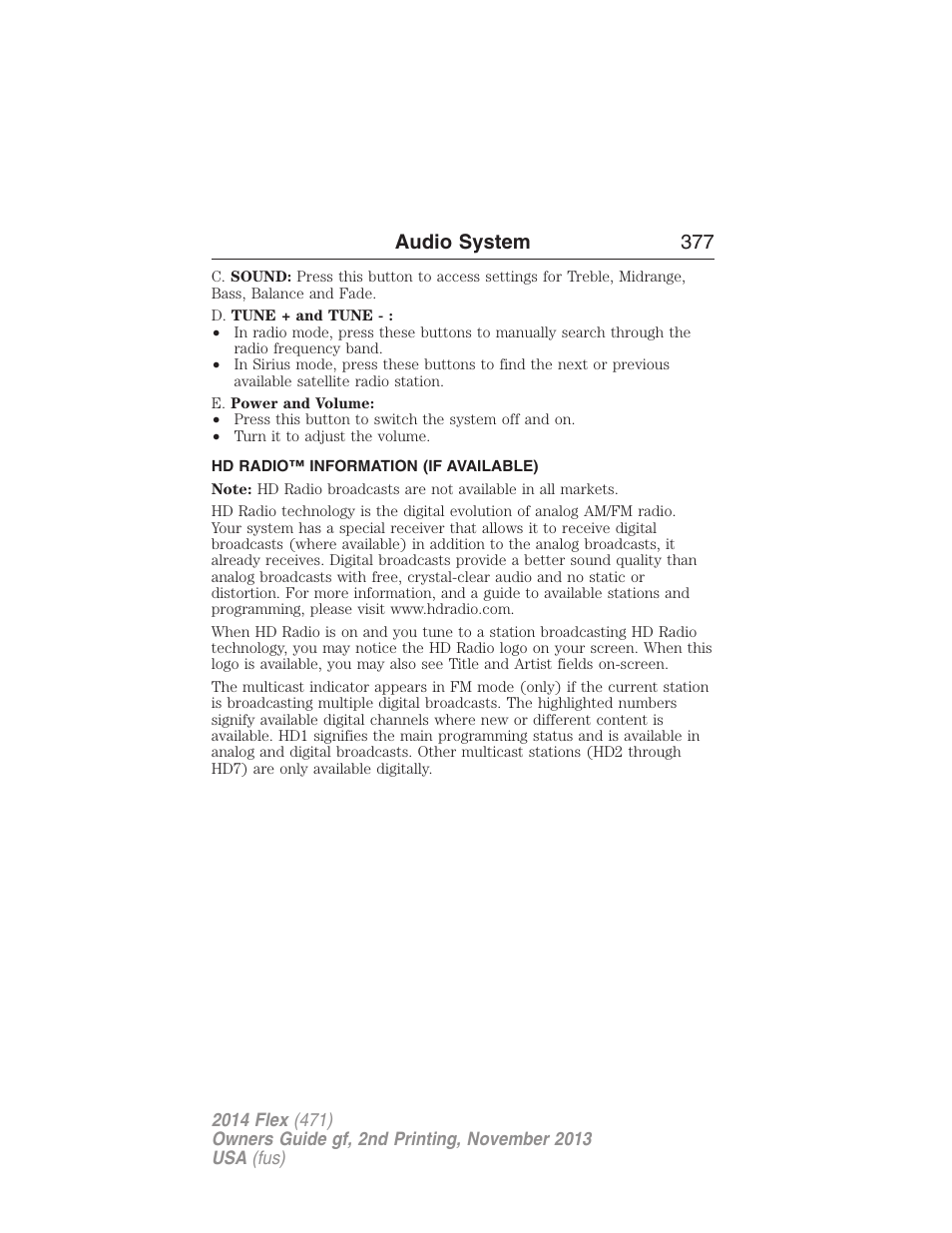 Hd radio™ information (if available), Audio system 377 | FORD 2014 Flex v.2 User Manual | Page 378 / 555