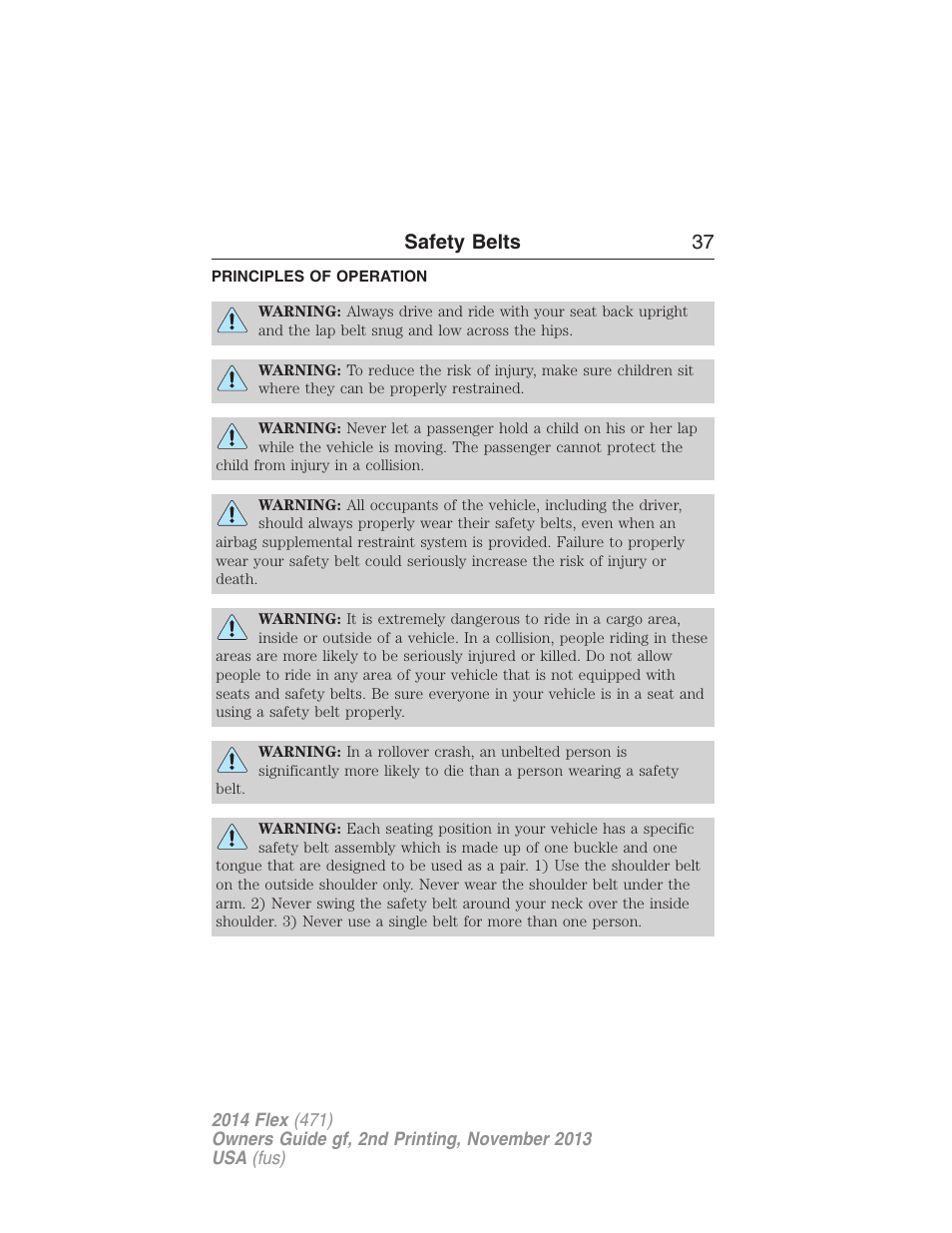 Safety belts, Principles of operation, Safety belts 37 | FORD 2014 Flex v.2 User Manual | Page 38 / 555