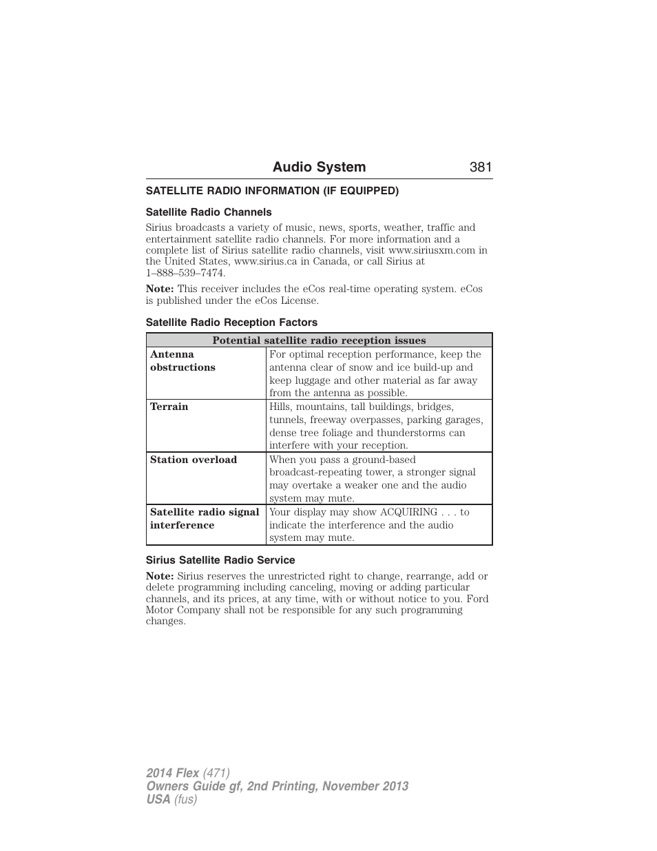 Satellite radio information (if equipped), Satellite radio channels, Satellite radio reception factors | Sirius satellite radio service, Satellite radio information, Audio system 381 | FORD 2014 Flex v.2 User Manual | Page 382 / 555