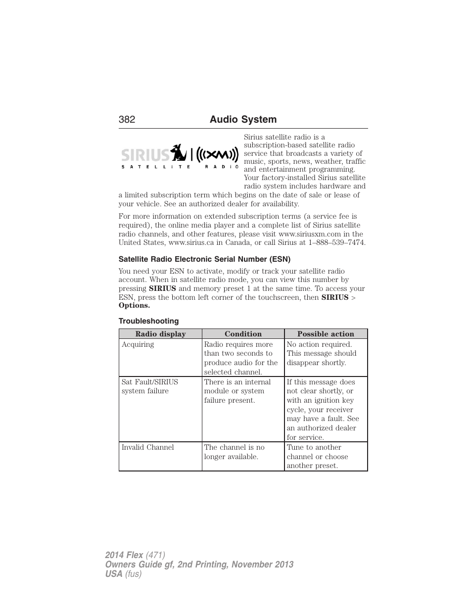 Satellite radio electronic serial number (esn), Troubleshooting, 382 audio system | FORD 2014 Flex v.2 User Manual | Page 383 / 555
