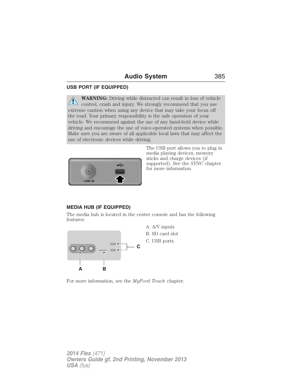 Usb port (if equipped), Media hub (if equipped), Usb port | Audio system 385 | FORD 2014 Flex v.2 User Manual | Page 386 / 555