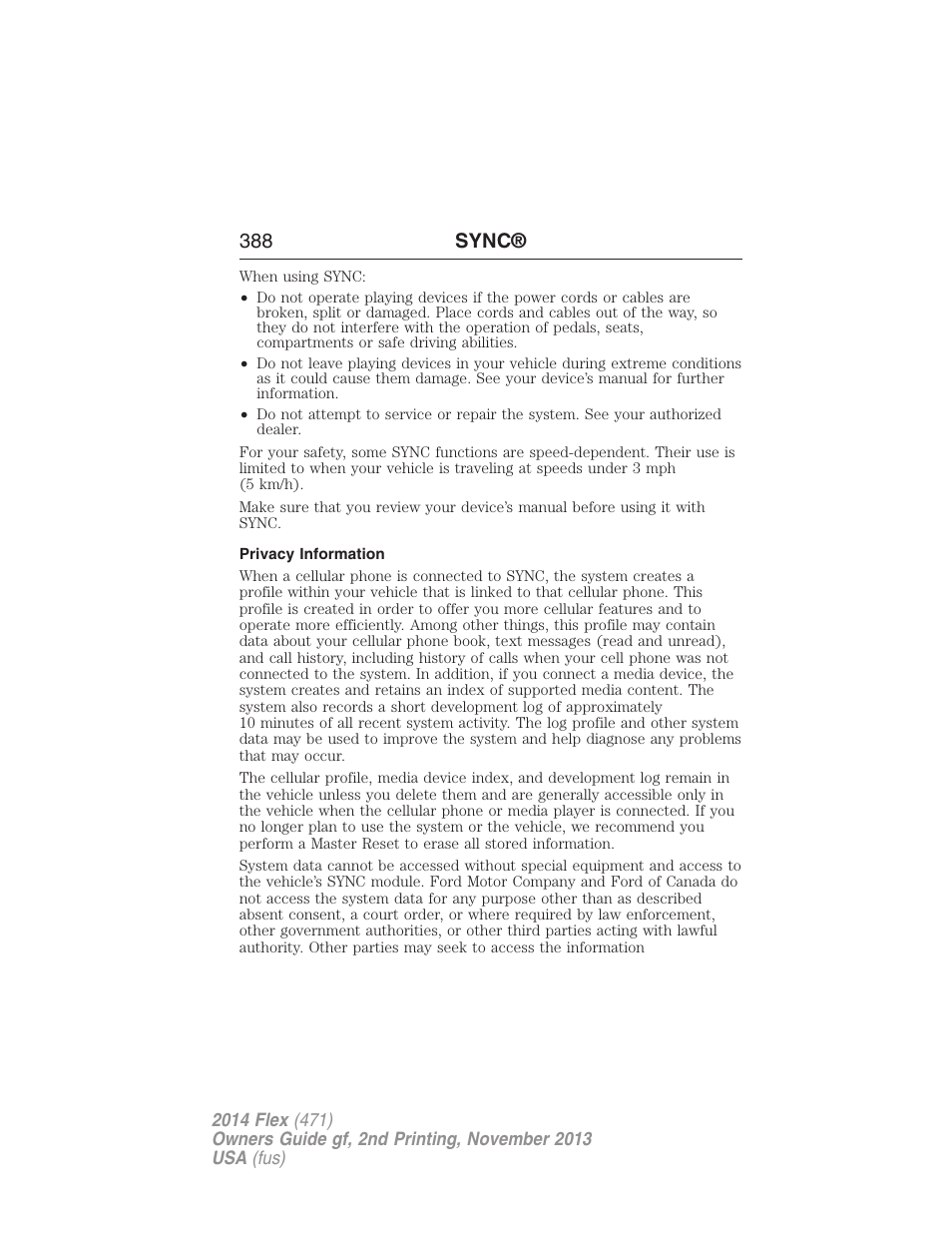 Privacy information, 388 sync | FORD 2014 Flex v.2 User Manual | Page 389 / 555