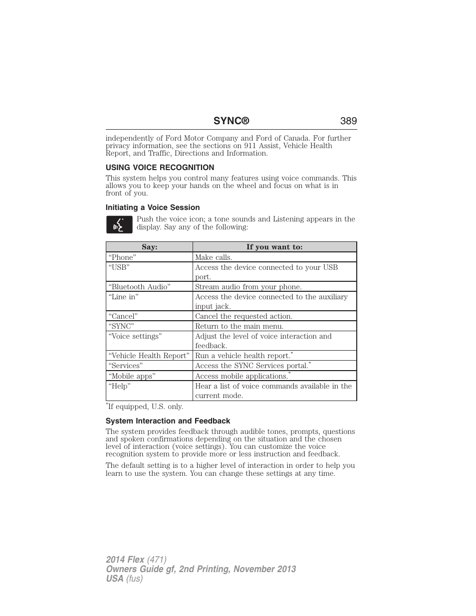 Using voice recognition, Initiating a voice session, System interaction and feedback | Sync® 389 | FORD 2014 Flex v.2 User Manual | Page 390 / 555