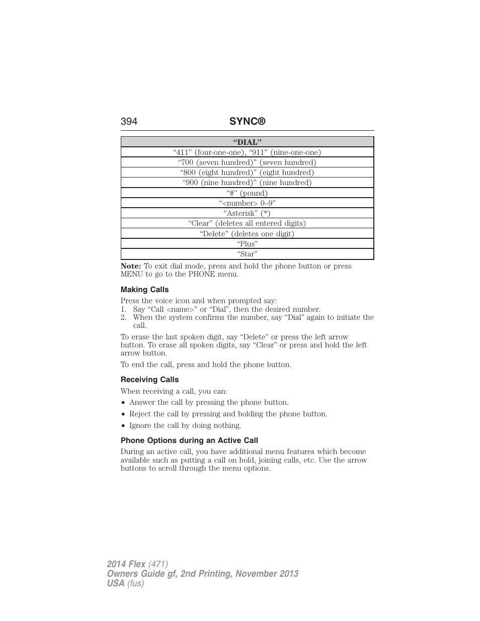 Making calls, Receiving calls, Phone options during an active call | 394 sync | FORD 2014 Flex v.2 User Manual | Page 395 / 555