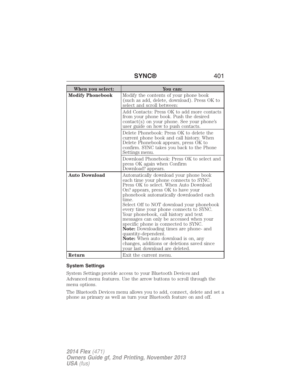 System settings, Sync® 401 | FORD 2014 Flex v.2 User Manual | Page 402 / 555