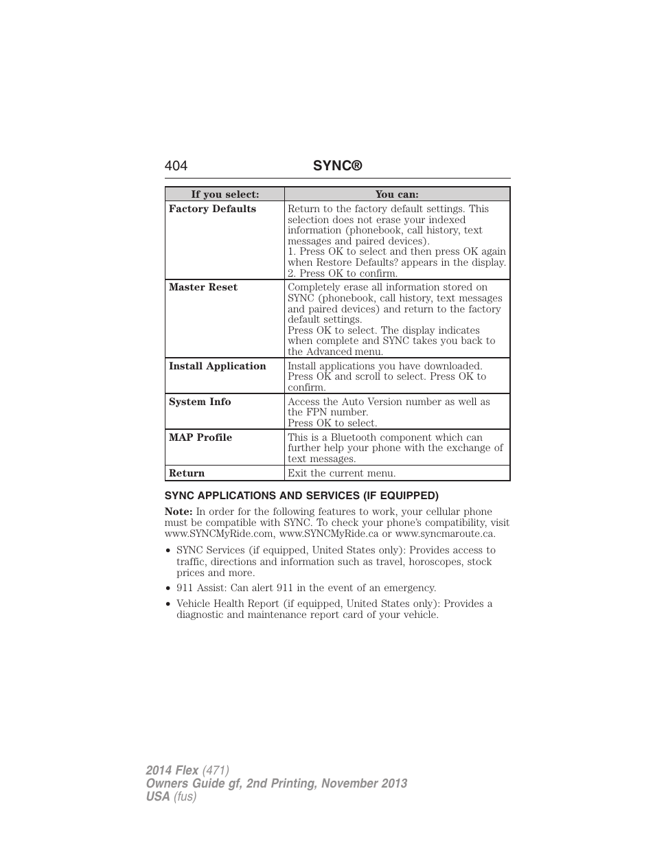 Sync applications and services (if equipped), 404 sync | FORD 2014 Flex v.2 User Manual | Page 405 / 555