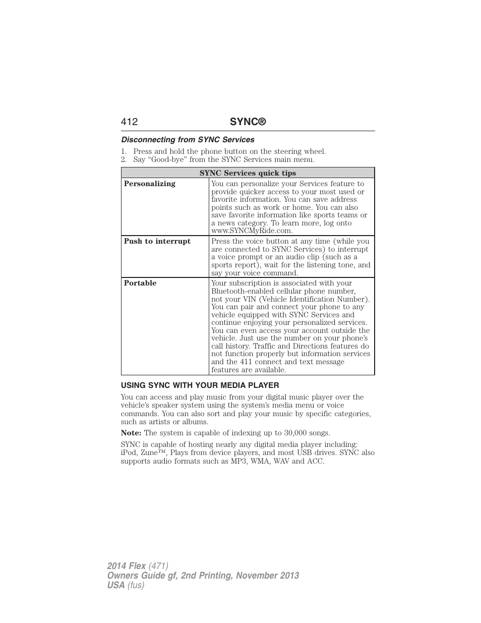 Disconnecting from sync services, Using sync with your media player, 412 sync | FORD 2014 Flex v.2 User Manual | Page 413 / 555