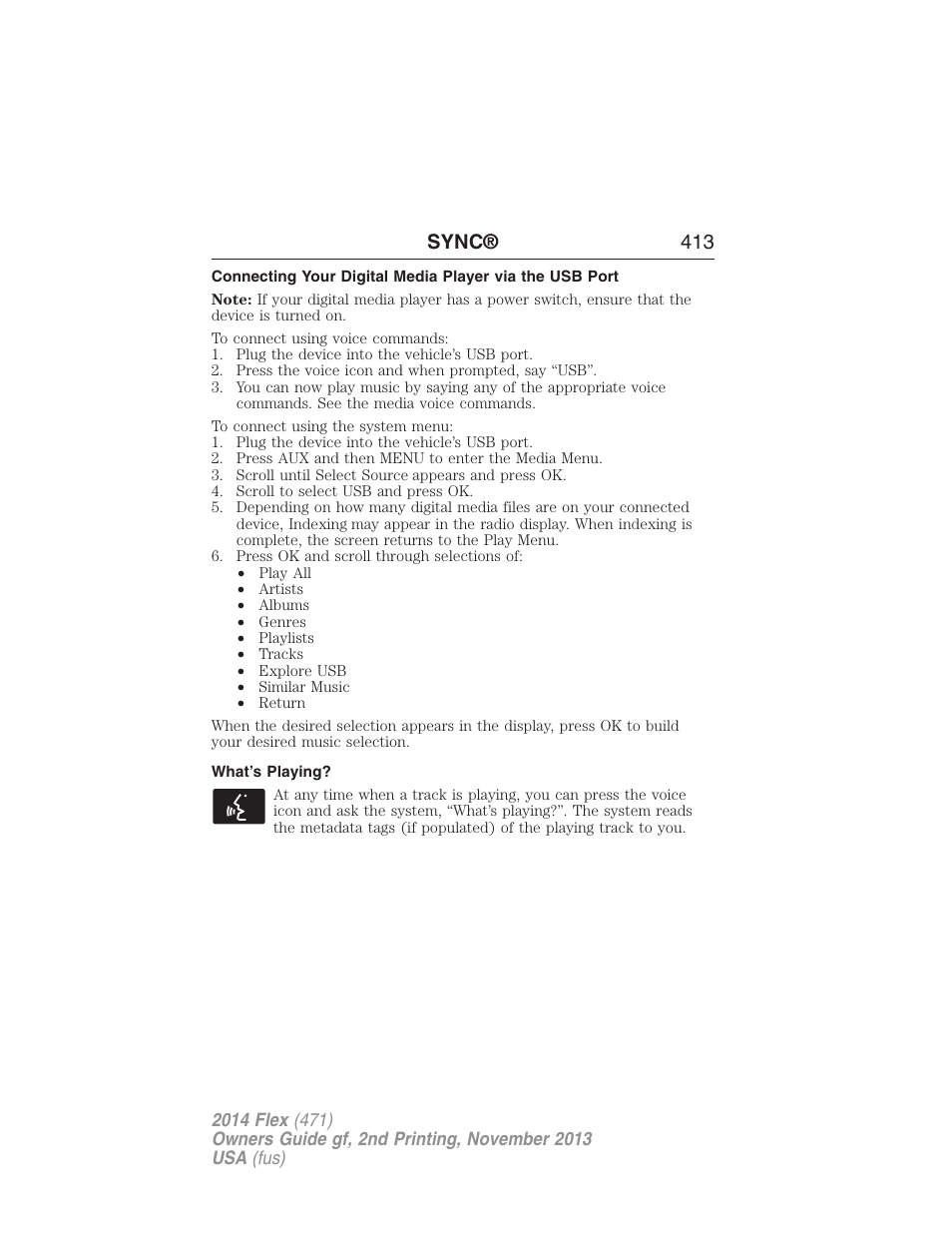 What’s playing, Sync® 413 | FORD 2014 Flex v.2 User Manual | Page 414 / 555