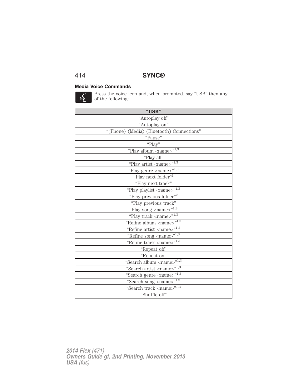 Media voice commands, 414 sync | FORD 2014 Flex v.2 User Manual | Page 415 / 555