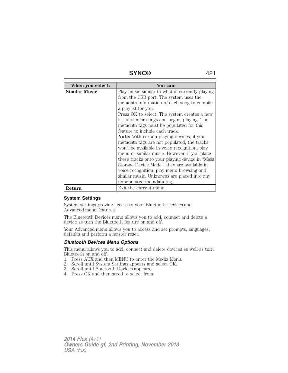 System settings, Bluetooth devices menu options, Sync® 421 | FORD 2014 Flex v.2 User Manual | Page 422 / 555