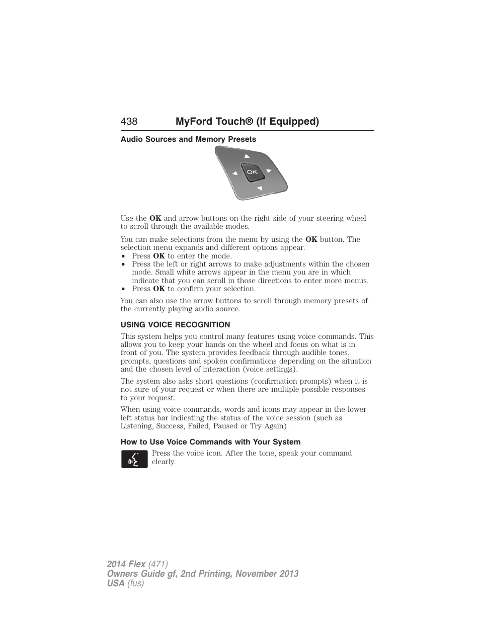 Audio sources and memory presets, Using voice recognition, How to use voice commands with your system | Voice recognition, 438 myford touch® (if equipped) | FORD 2014 Flex v.2 User Manual | Page 439 / 555