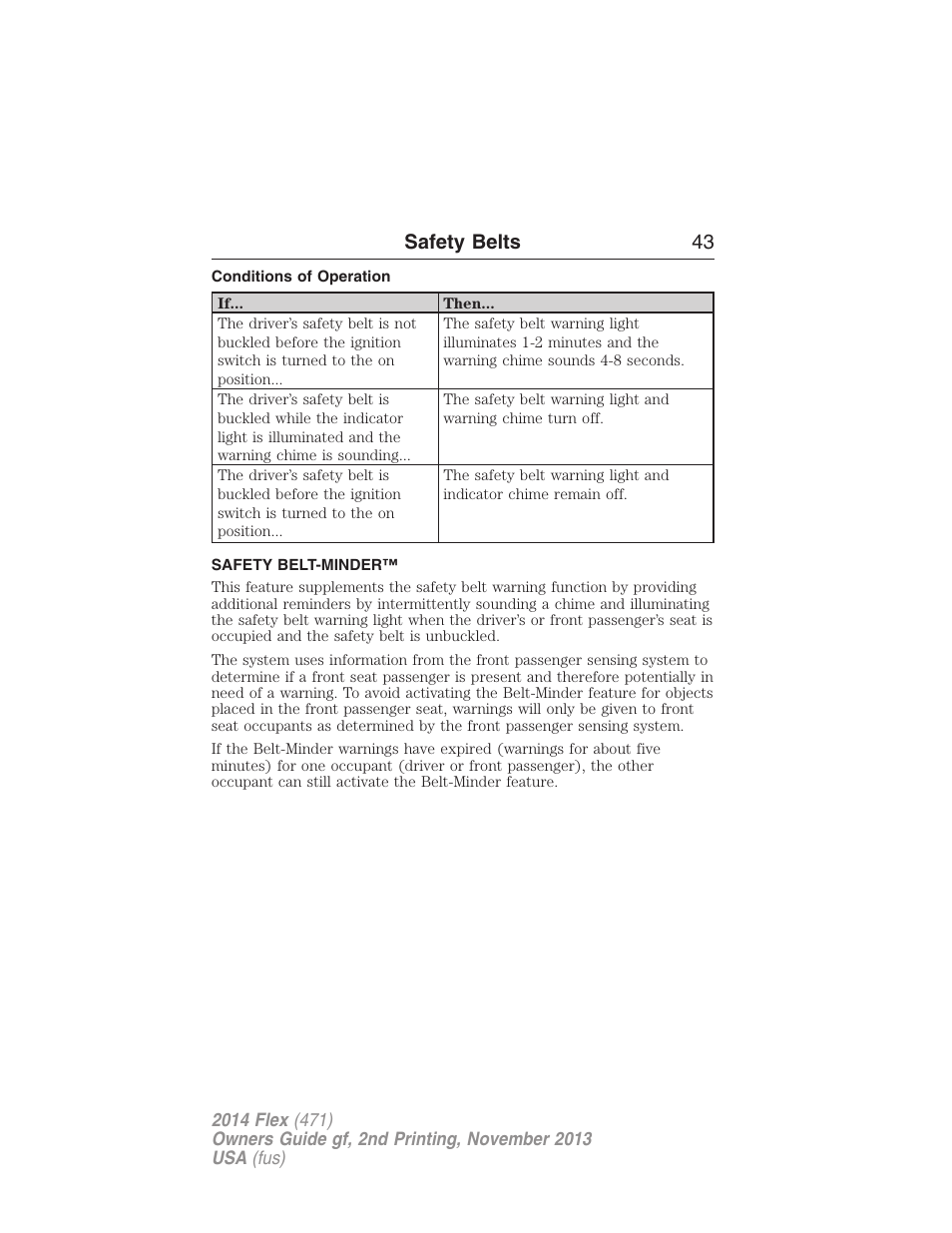 Conditions of operation, Safety belt-minder, Safety belts 43 | FORD 2014 Flex v.2 User Manual | Page 44 / 555
