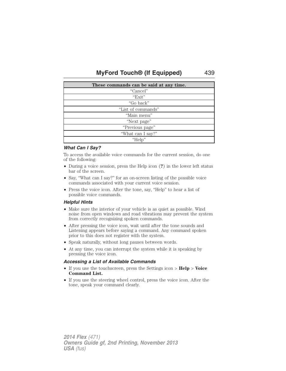 What can i say, Helpful hints, Accessing a list of available commands | Myford touch® (if equipped) 439 | FORD 2014 Flex v.2 User Manual | Page 440 / 555