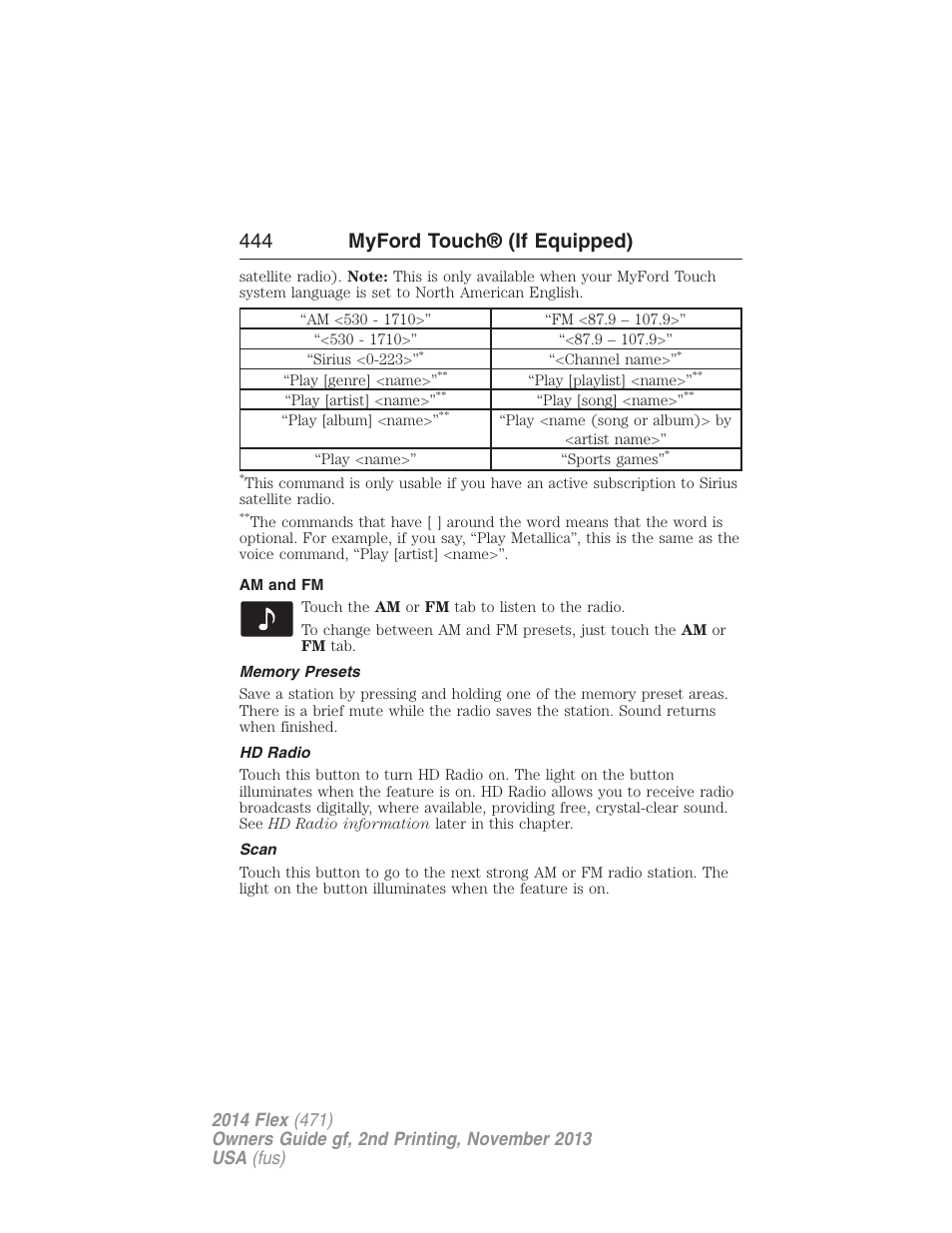 Am and fm, Memory presets, Hd radio | Scan, 444 myford touch® (if equipped) | FORD 2014 Flex v.2 User Manual | Page 445 / 555
