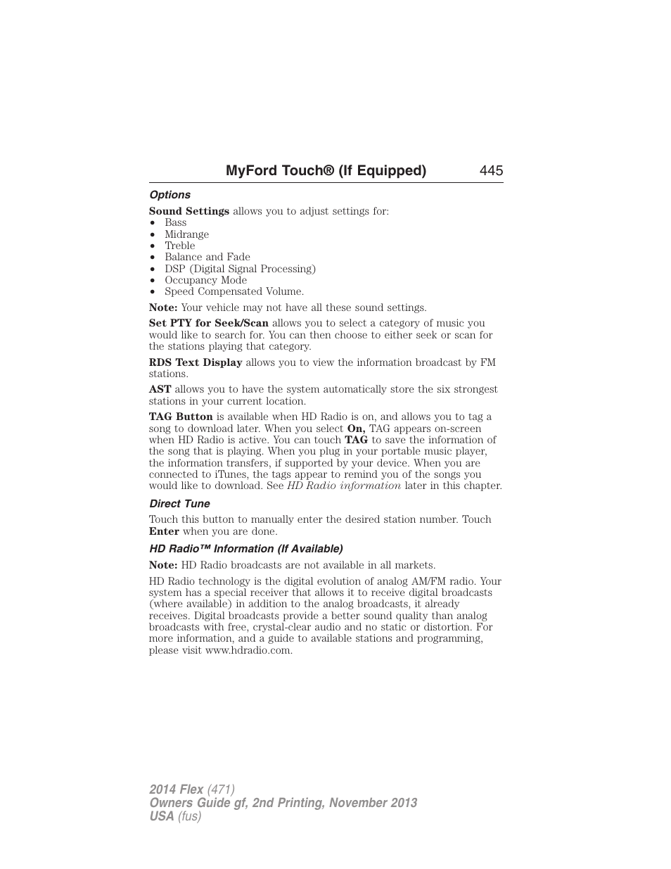 Options, Direct tune, Hd radio™ information (if available) | Myford touch® (if equipped) 445 | FORD 2014 Flex v.2 User Manual | Page 446 / 555
