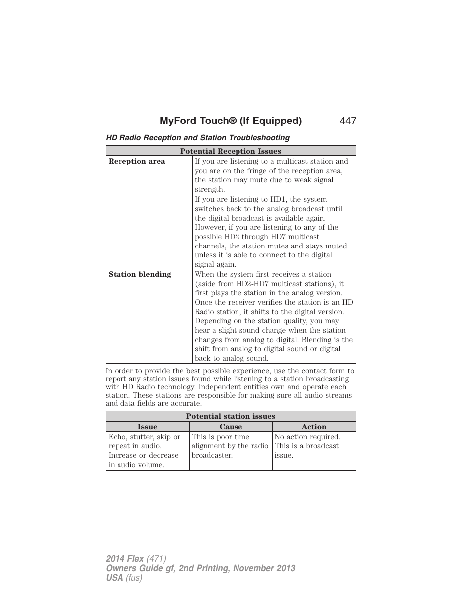 Hd radio reception and station troubleshooting, Myford touch® (if equipped) 447 | FORD 2014 Flex v.2 User Manual | Page 448 / 555