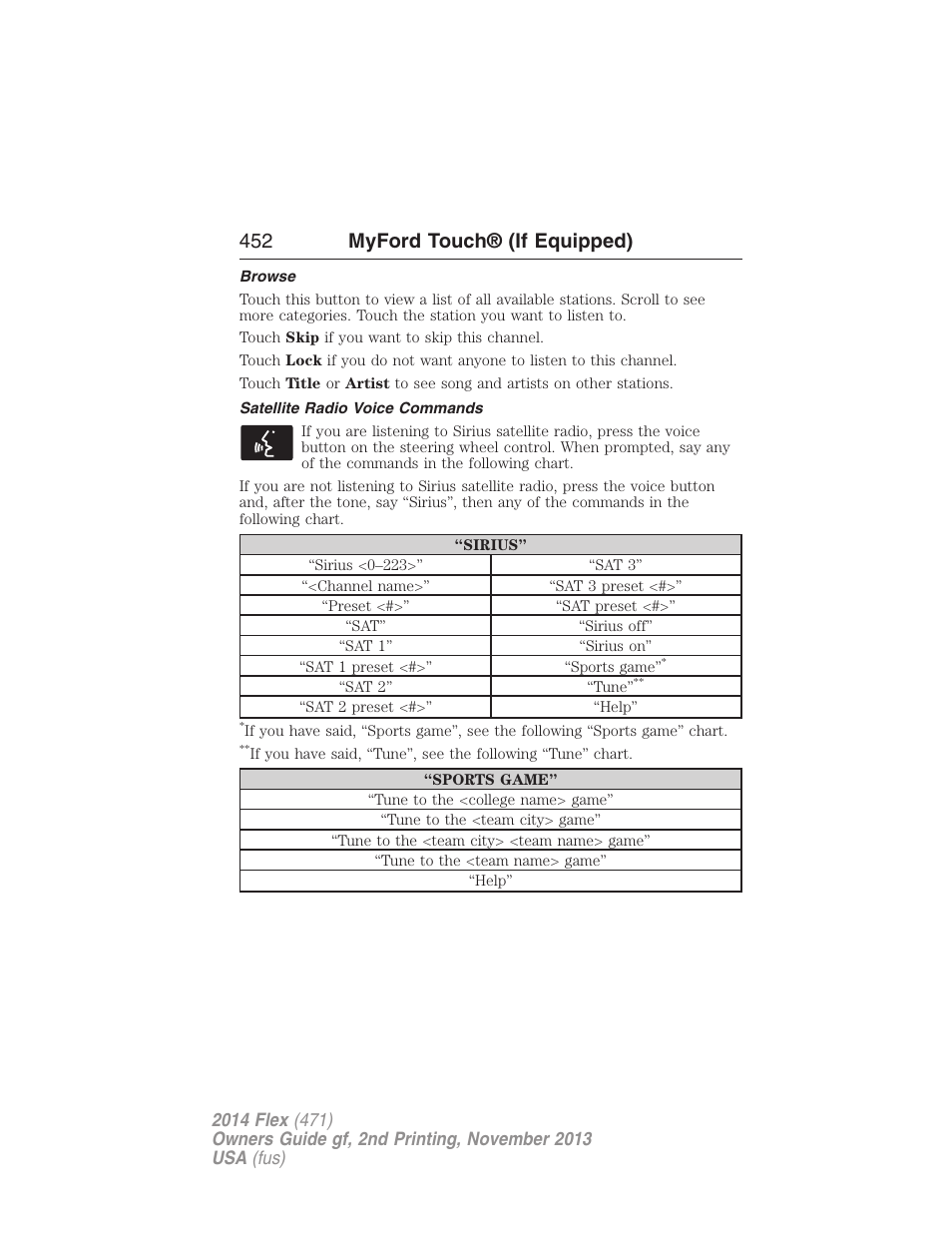 Browse, Satellite radio voice commands, 452 myford touch® (if equipped) | FORD 2014 Flex v.2 User Manual | Page 453 / 555