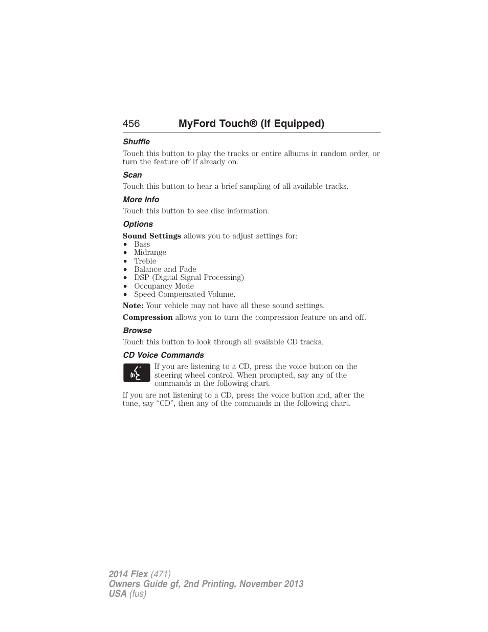 Shuffle, Scan, More info | Options, Browse, Cd voice commands, 456 myford touch® (if equipped) | FORD 2014 Flex v.2 User Manual | Page 457 / 555