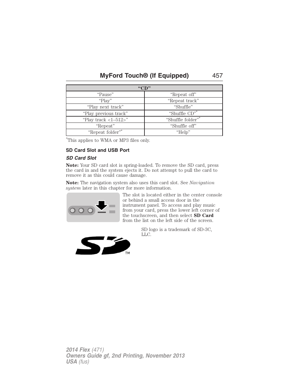 Sd card slot and usb port, Sd card slot, Myford touch® (if equipped) 457 | FORD 2014 Flex v.2 User Manual | Page 458 / 555