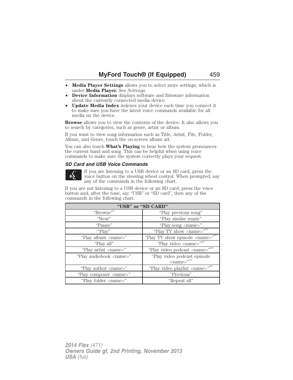 Sd card and usb voice commands, Myford touch® (if equipped) 459 | FORD 2014 Flex v.2 User Manual | Page 460 / 555