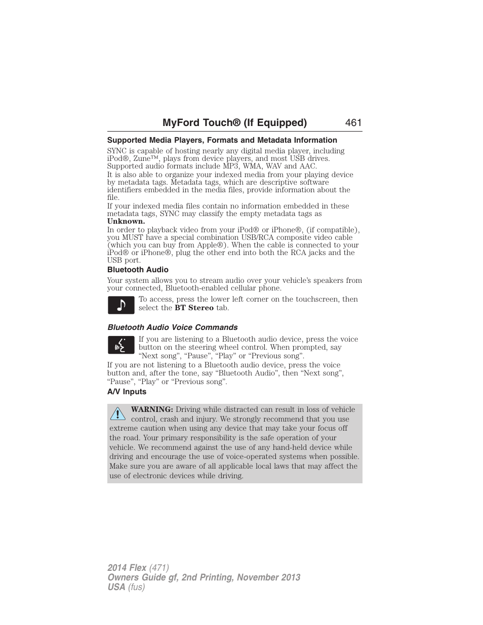 Bluetooth audio, Bluetooth audio voice commands, A/v inputs | Myford touch® (if equipped) 461 | FORD 2014 Flex v.2 User Manual | Page 462 / 555
