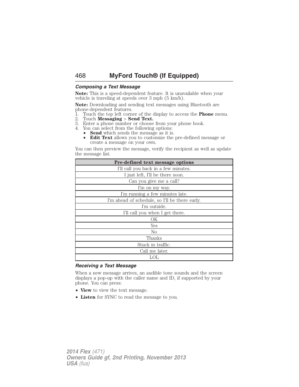 Composing a text message, Receiving a text message, 468 myford touch® (if equipped) | FORD 2014 Flex v.2 User Manual | Page 469 / 555