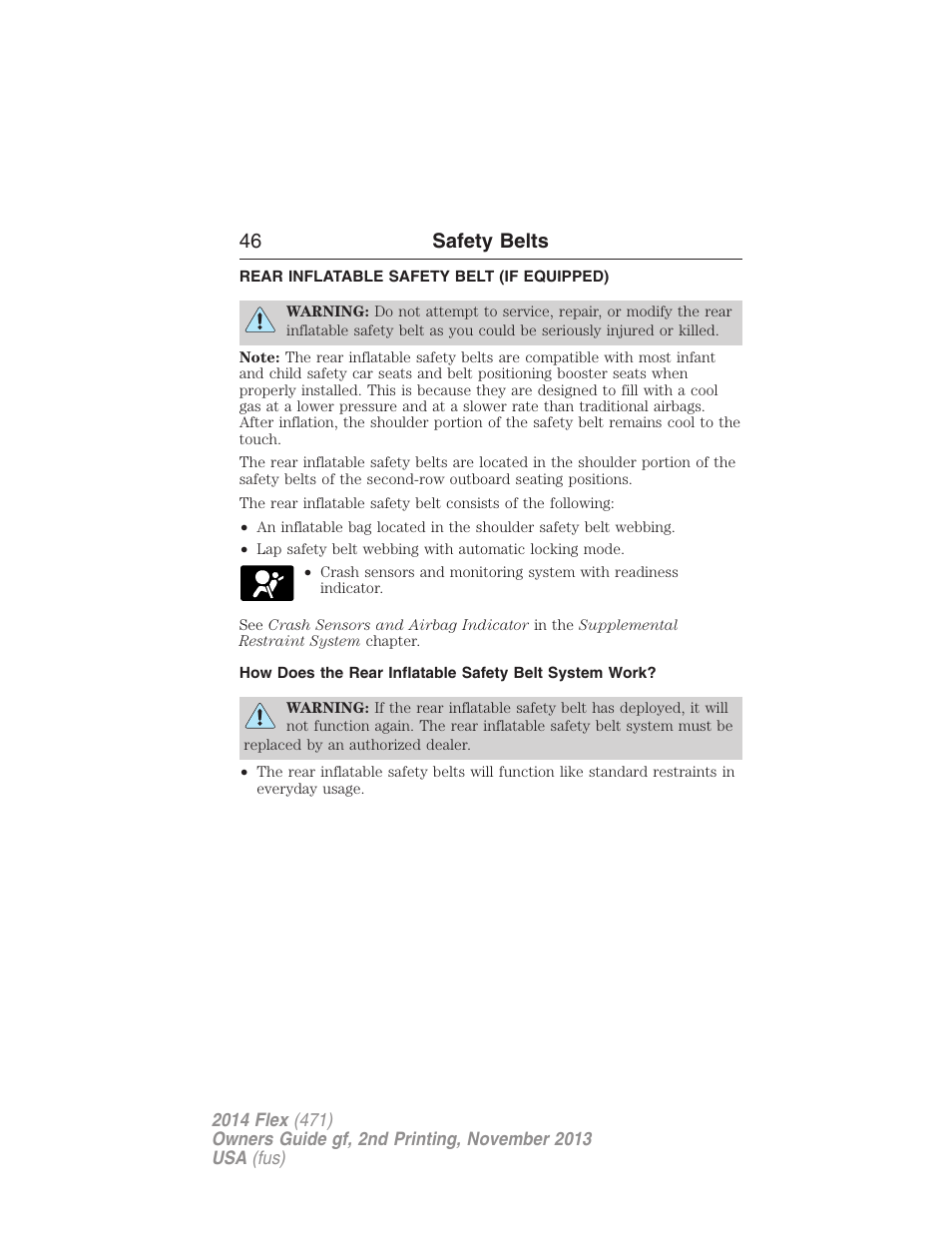 Rear inflatable safety belt (if equipped), Rear inflatable safety belt, 46 safety belts | FORD 2014 Flex v.2 User Manual | Page 47 / 555