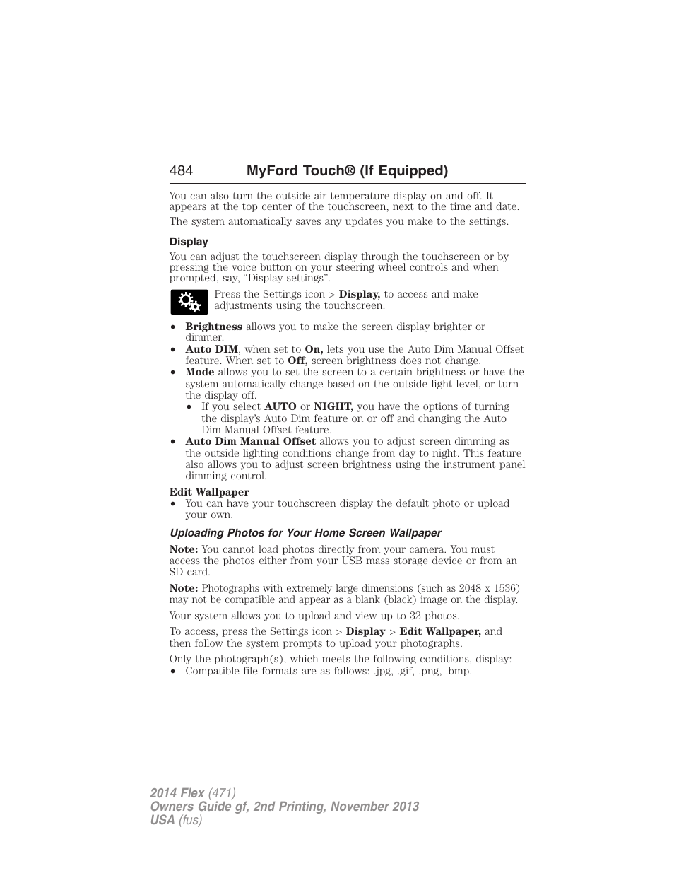 Display, Uploading photos for your home screen wallpaper, 484 myford touch® (if equipped) | FORD 2014 Flex v.2 User Manual | Page 485 / 555