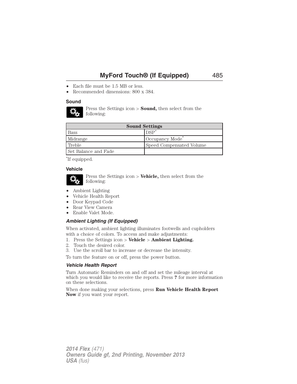 Sound, Vehicle, Ambient lighting (if equipped) | Vehicle health report, Myford touch® (if equipped) 485 | FORD 2014 Flex v.2 User Manual | Page 486 / 555