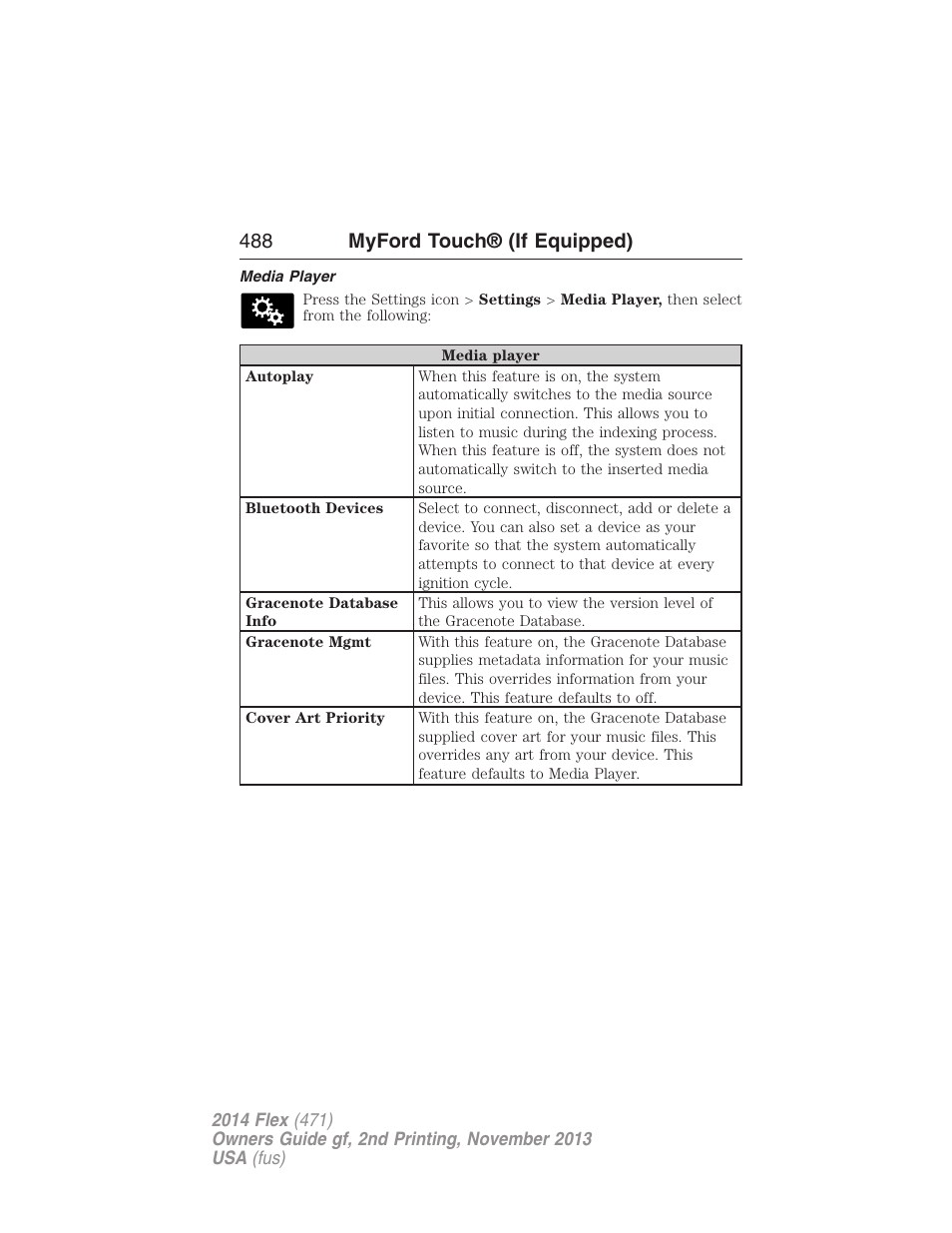 Media player, 488 myford touch® (if equipped) | FORD 2014 Flex v.2 User Manual | Page 489 / 555
