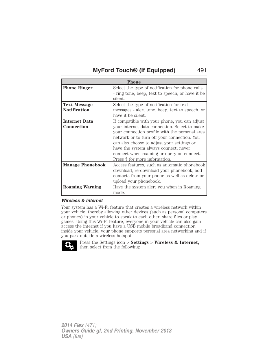 Wireless & internet, Myford touch® (if equipped) 491 | FORD 2014 Flex v.2 User Manual | Page 492 / 555