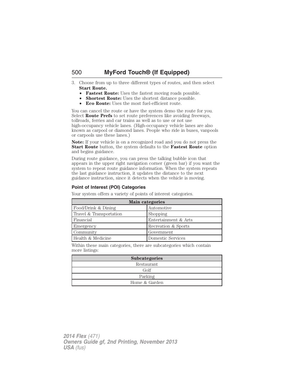 Point of interest (poi) categories, 500 myford touch® (if equipped) | FORD 2014 Flex v.2 User Manual | Page 501 / 555