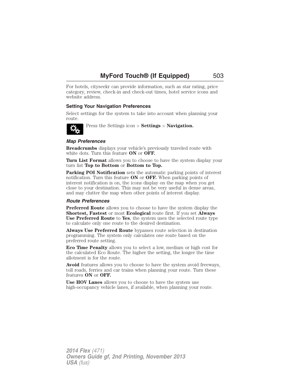 Setting your navigation preferences, Map preferences, Route preferences | Myford touch® (if equipped) 503 | FORD 2014 Flex v.2 User Manual | Page 504 / 555