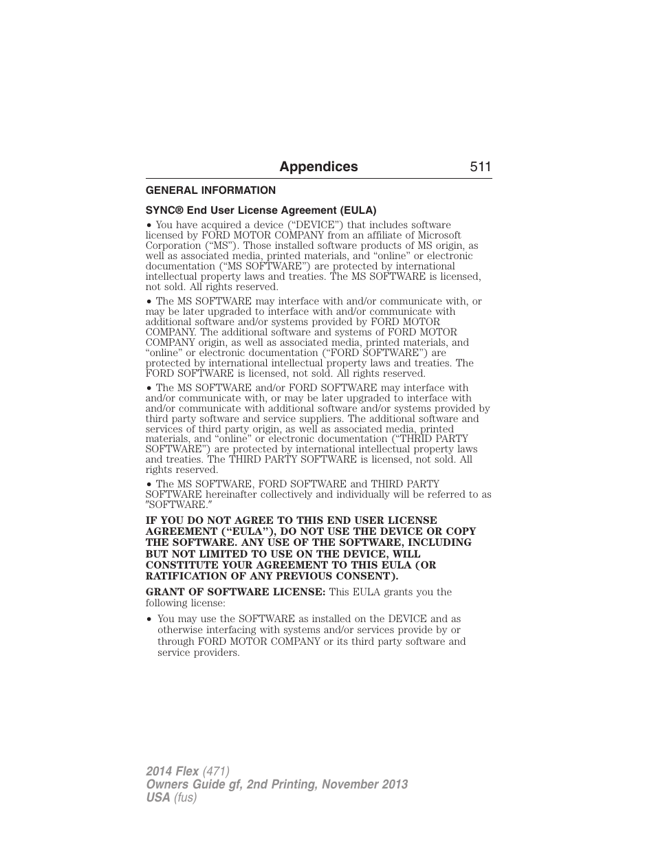 Appendices, General information, Sync® end user license agreement (eula) | Appendices 511 | FORD 2014 Flex v.2 User Manual | Page 512 / 555