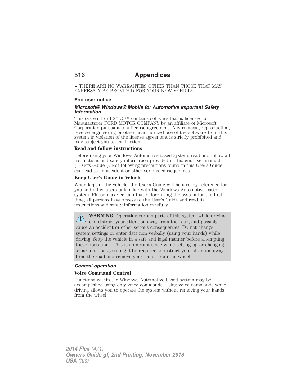 End user notice, General operation, 516 appendices | FORD 2014 Flex v.2 User Manual | Page 517 / 555