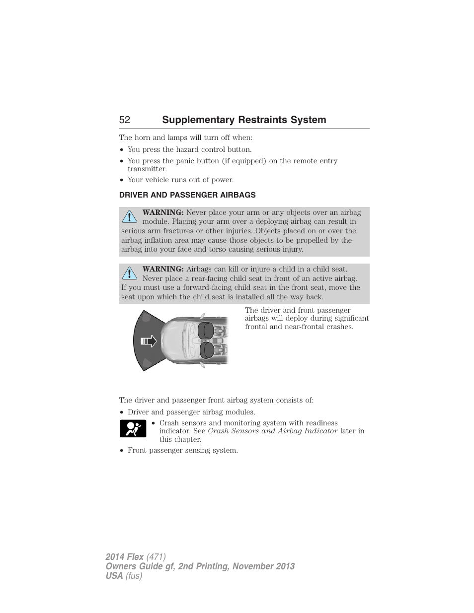 Driver and passenger airbags, 52 supplementary restraints system | FORD 2014 Flex v.2 User Manual | Page 53 / 555