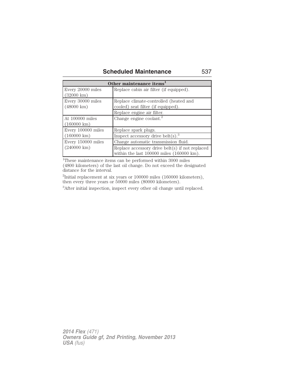 Scheduled maintenance 537 | FORD 2014 Flex v.2 User Manual | Page 538 / 555