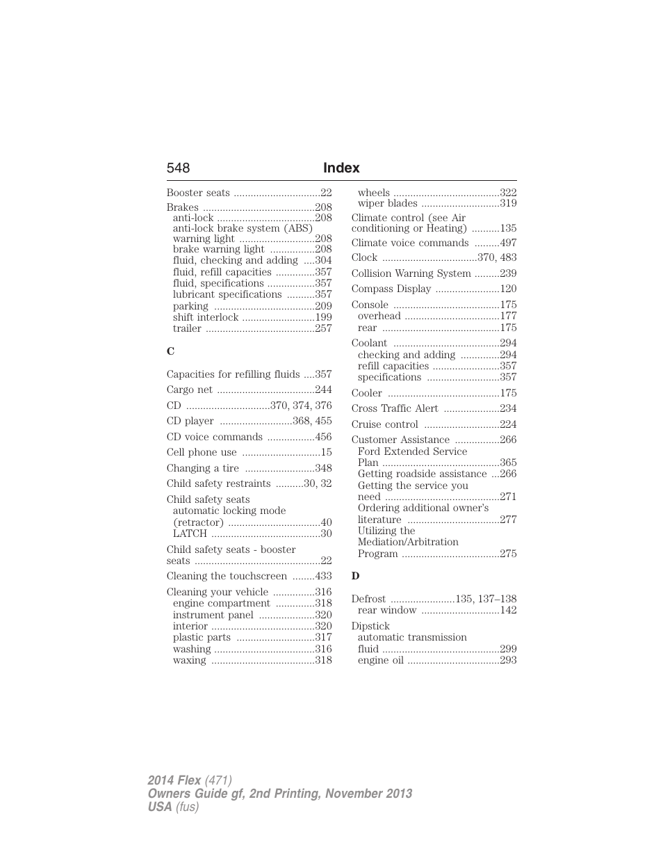 548 index | FORD 2014 Flex v.2 User Manual | Page 549 / 555