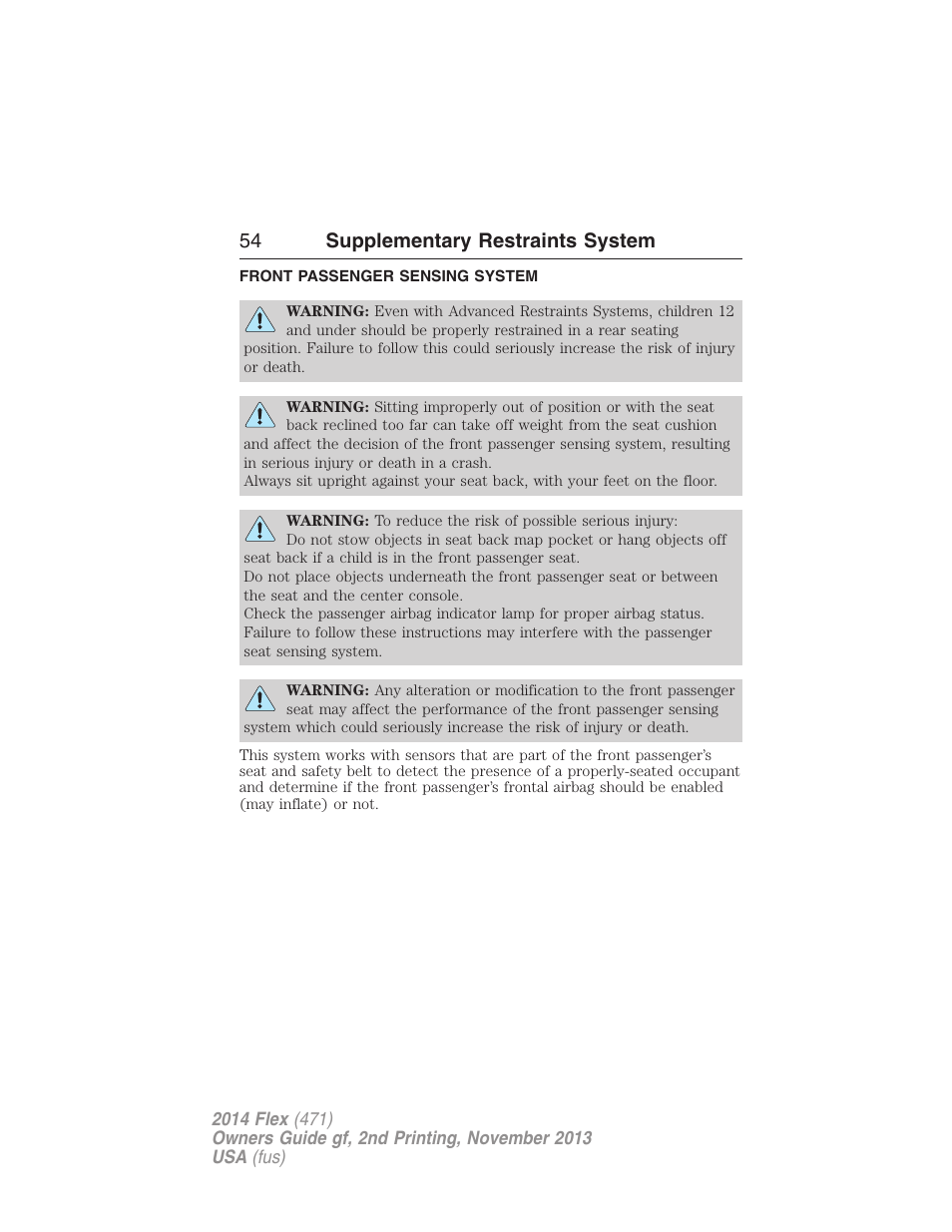 Front passenger sensing system, 54 supplementary restraints system | FORD 2014 Flex v.2 User Manual | Page 55 / 555