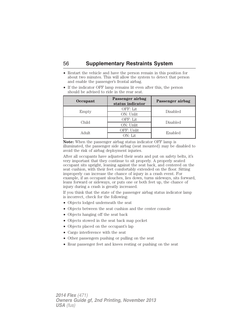 56 supplementary restraints system | FORD 2014 Flex v.2 User Manual | Page 57 / 555