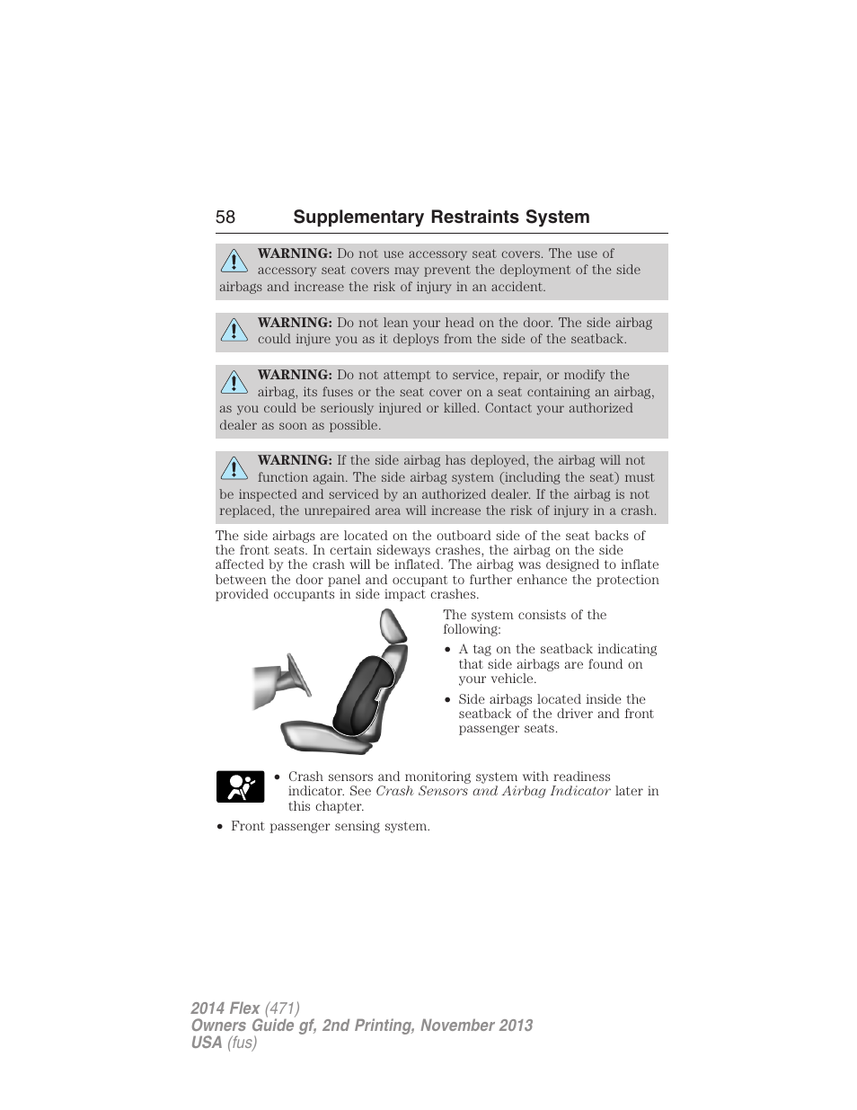 58 supplementary restraints system | FORD 2014 Flex v.2 User Manual | Page 59 / 555