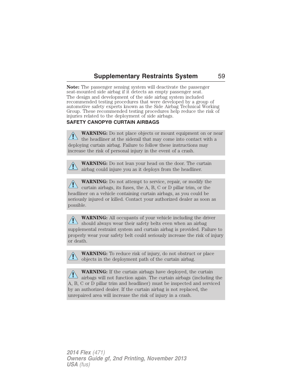 Safety canopy® curtain airbags, Safety canopy curtain airbags, Supplementary restraints system 59 | FORD 2014 Flex v.2 User Manual | Page 60 / 555